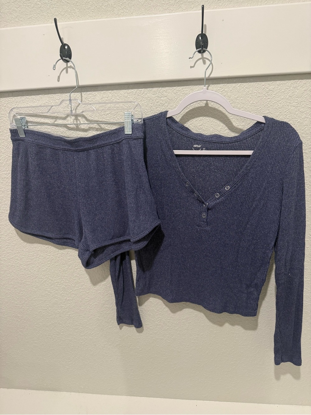 aerie Ribbed V-Neck Long Sleeve Top and Shorts Set - Navy Blue